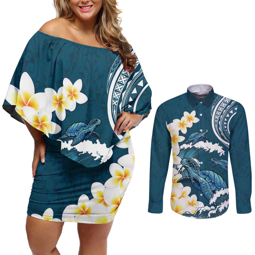Dark Teal Polynesia Couples Matching Off Shoulder Short Dress and Long Sleeve Button Shirt Polynesian Frangipani With Sea Turtles LT14 Dark Teal - Polynesian Pride
