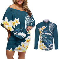Dark Teal Polynesia Couples Matching Off Shoulder Short Dress and Long Sleeve Button Shirt Polynesian Frangipani With Sea Turtles LT14 Dark Teal - Polynesian Pride