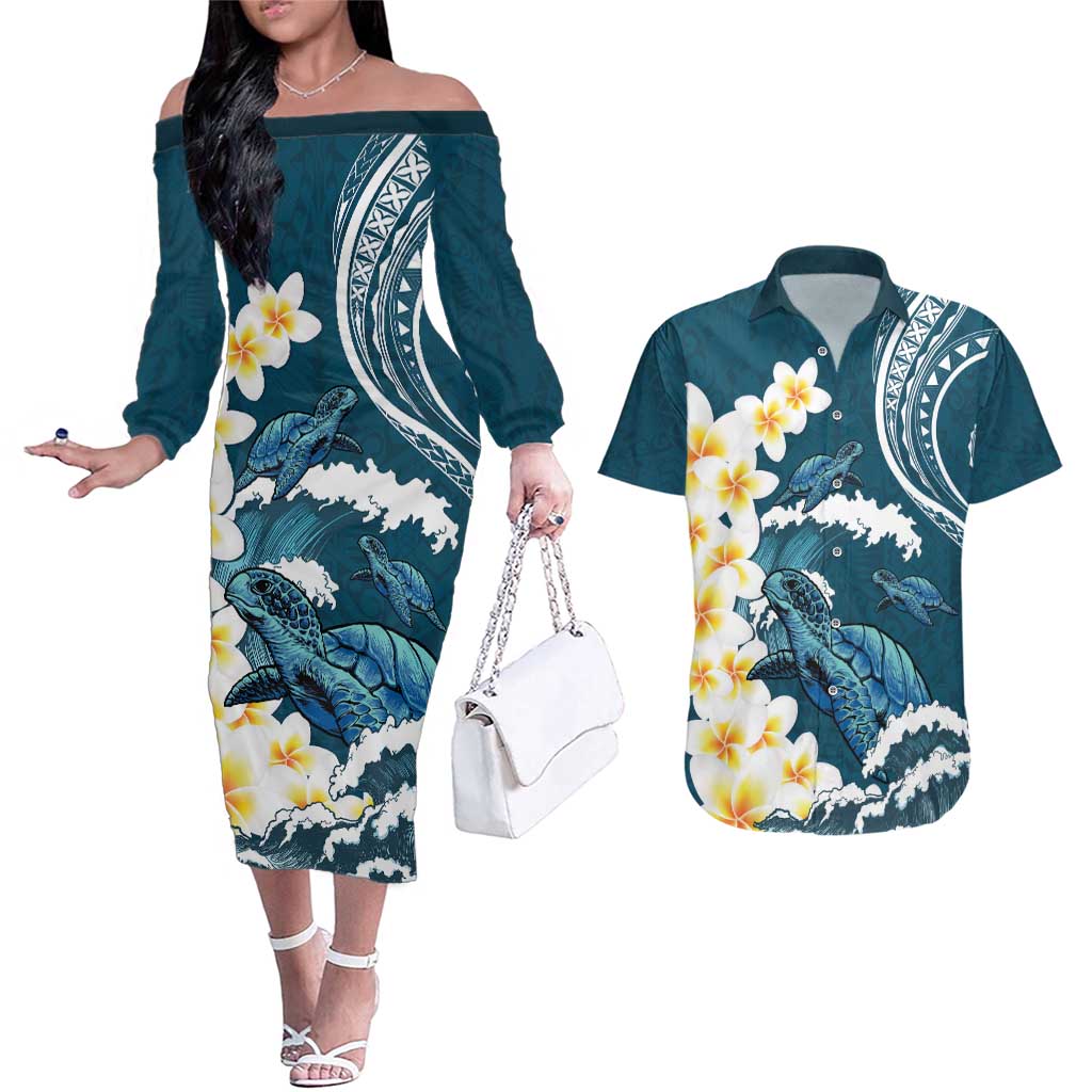 Dark Teal Polynesia Couples Matching Off The Shoulder Long Sleeve Dress and Hawaiian Shirt Polynesian Frangipani With Sea Turtles LT14 Dark Teal - Polynesian Pride