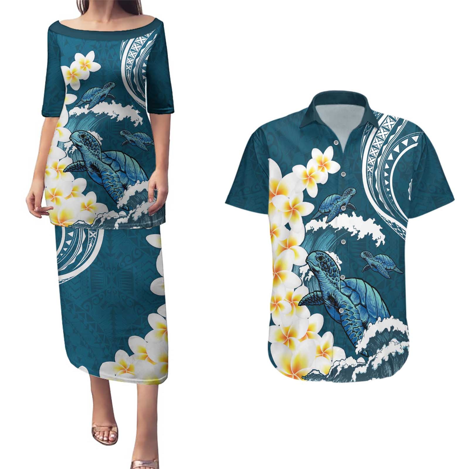 Dark Teal Polynesia Couples Matching Puletasi and Hawaiian Shirt Polynesian Frangipani With Sea Turtles LT14 Dark Teal - Polynesian Pride