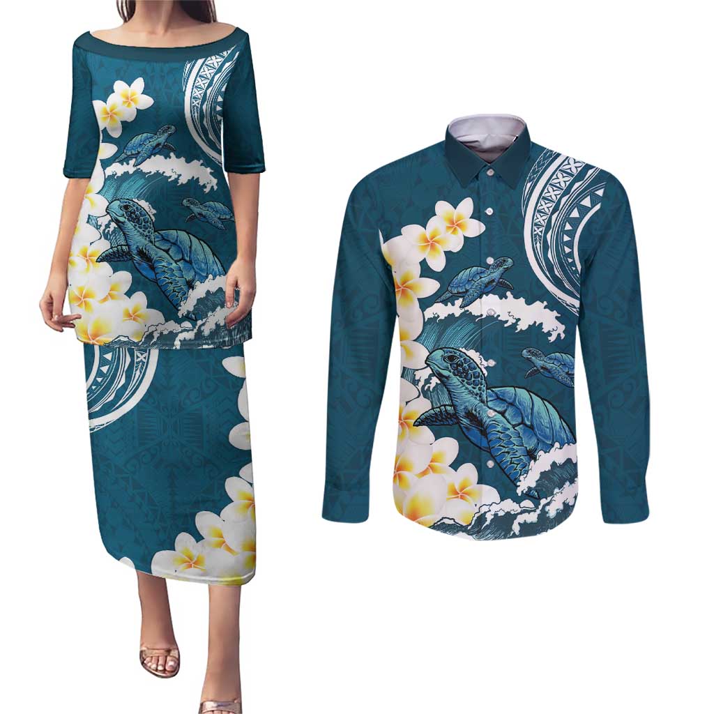 Dark Teal Polynesia Couples Matching Puletasi and Long Sleeve Button Shirt Polynesian Frangipani With Sea Turtles LT14 Dark Teal - Polynesian Pride