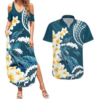 Dark Teal Polynesia Couples Matching Summer Maxi Dress and Hawaiian Shirt Polynesian Frangipani With Sea Turtles LT14 Dark Teal - Polynesian Pride