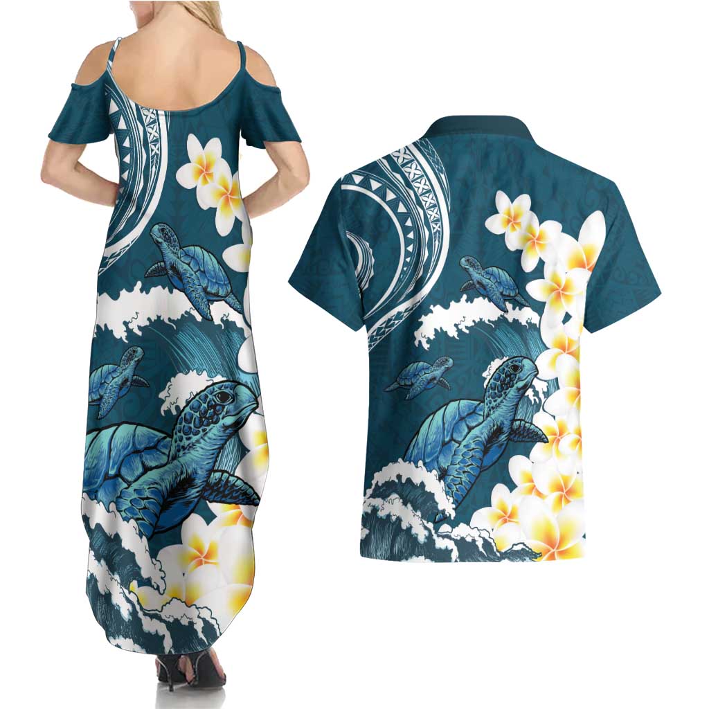Dark Teal Polynesia Couples Matching Summer Maxi Dress and Hawaiian Shirt Polynesian Frangipani With Sea Turtles LT14 - Polynesian Pride