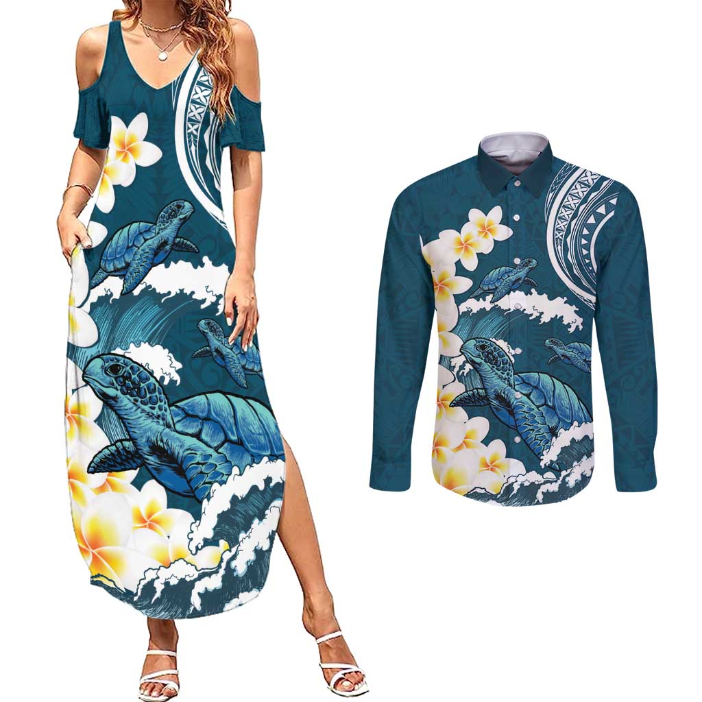 Dark Teal Polynesia Couples Matching Summer Maxi Dress and Long Sleeve Button Shirt Polynesian Frangipani With Sea Turtles LT14 Dark Teal - Polynesian Pride