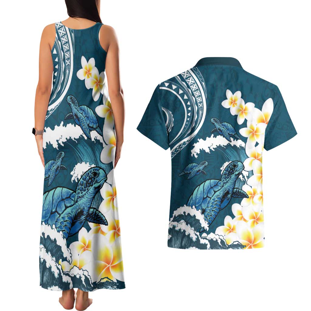 Dark Teal Polynesia Couples Matching Tank Maxi Dress and Hawaiian Shirt Polynesian Frangipani With Sea Turtles
