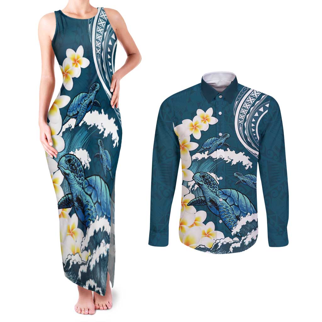 Dark Teal Polynesia Couples Matching Tank Maxi Dress and Long Sleeve Button Shirt Polynesian Frangipani With Sea Turtles LT14 Dark Teal - Polynesian Pride