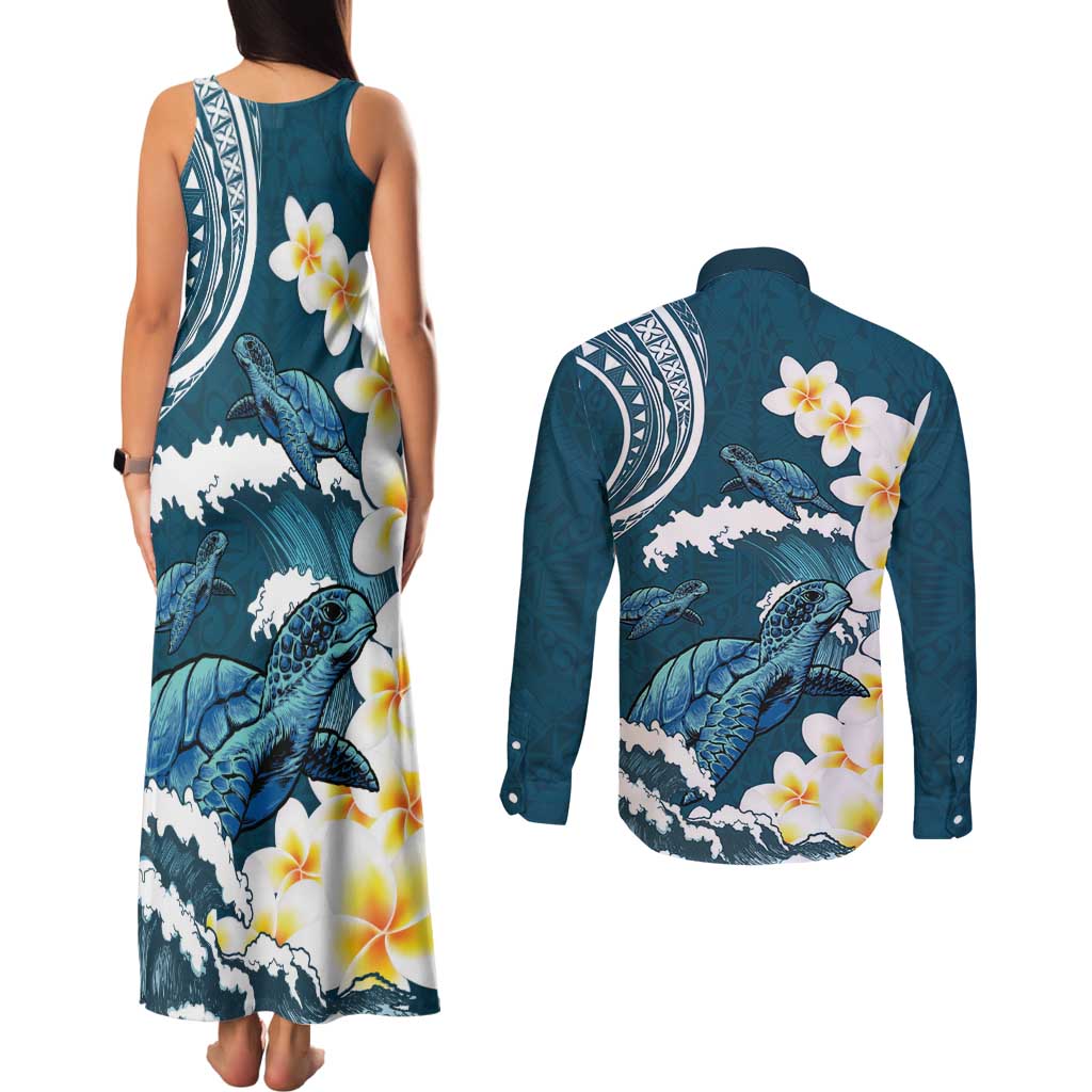 Dark Teal Polynesia Couples Matching Tank Maxi Dress and Long Sleeve Button Shirt Polynesian Frangipani With Sea Turtles LT14 - Polynesian Pride