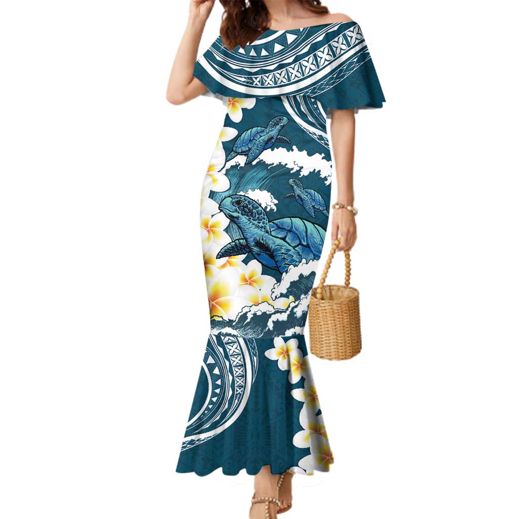 Dark Teal Polynesia Family Matching Mermaid Dress and Hawaiian Shirt Polynesian Frangipani With Sea Turtles