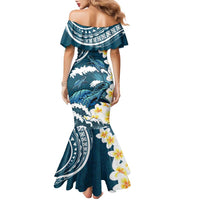 Dark Teal Polynesia Family Matching Mermaid Dress and Hawaiian Shirt Polynesian Frangipani With Sea Turtles