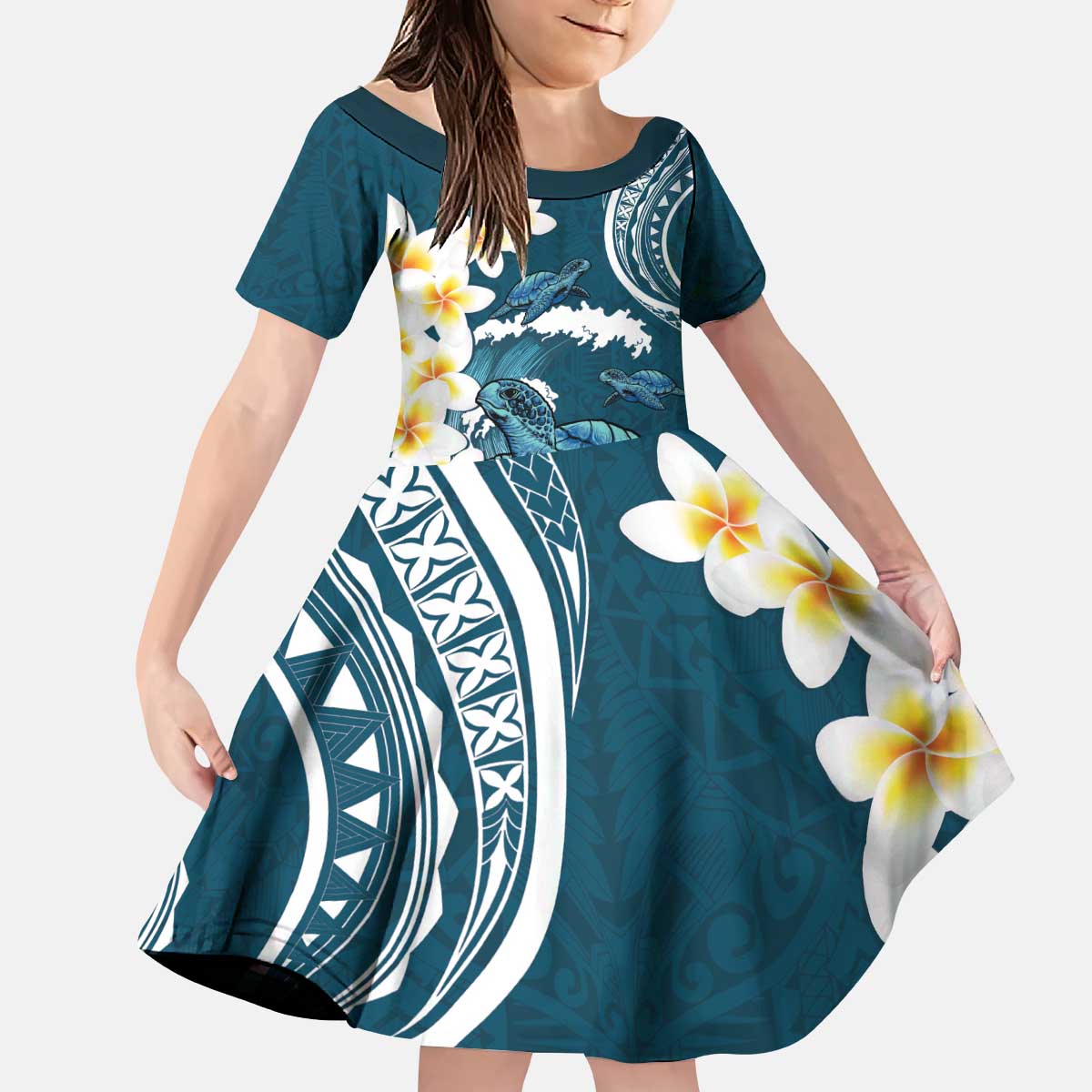 Dark Teal Polynesia Family Matching Puletasi and Hawaiian Shirt Polynesian Frangipani With Sea Turtles LT14 Daughter's Dress Dark Teal - Polynesian Pride