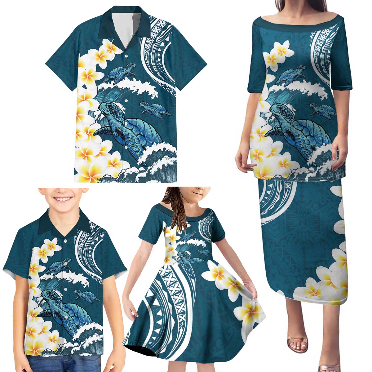 Dark Teal Polynesia Family Matching Puletasi and Hawaiian Shirt Polynesian Frangipani With Sea Turtles LT14 - Polynesian Pride