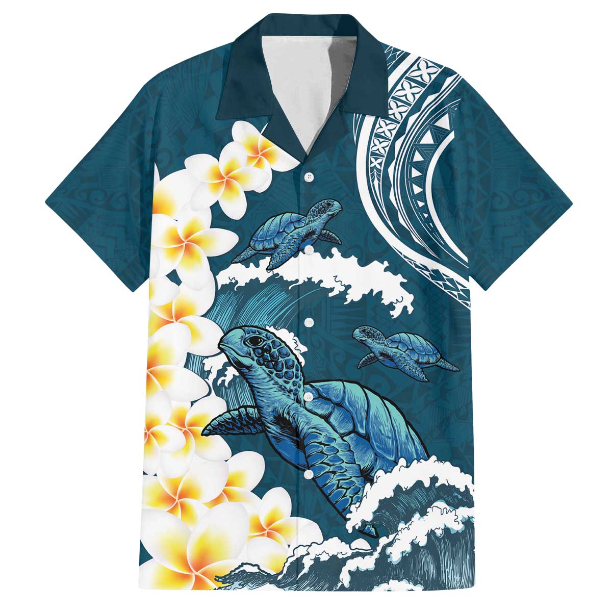 Dark Teal Polynesia Family Matching Puletasi and Hawaiian Shirt Polynesian Frangipani With Sea Turtles LT14 Dad's Shirt - Short Sleeve Dark Teal - Polynesian Pride