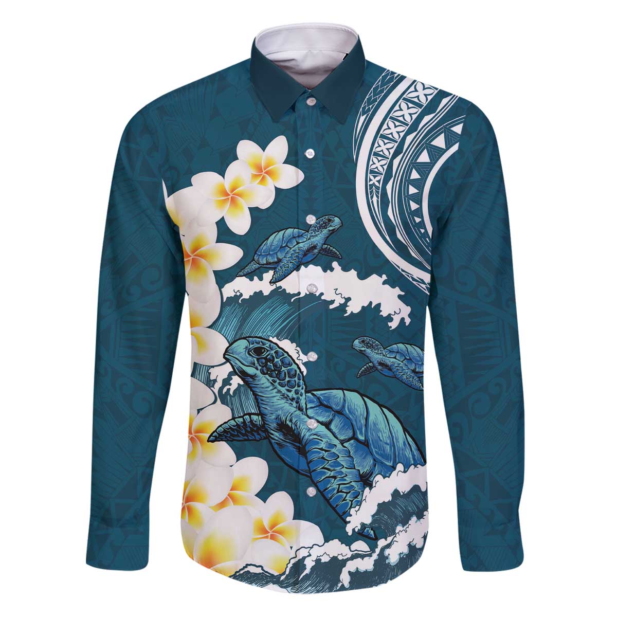 Dark Teal Polynesia Family Matching Puletasi and Hawaiian Shirt Polynesian Frangipani With Sea Turtles LT14 Dad's Shirt - Long Sleeve Dark Teal - Polynesian Pride