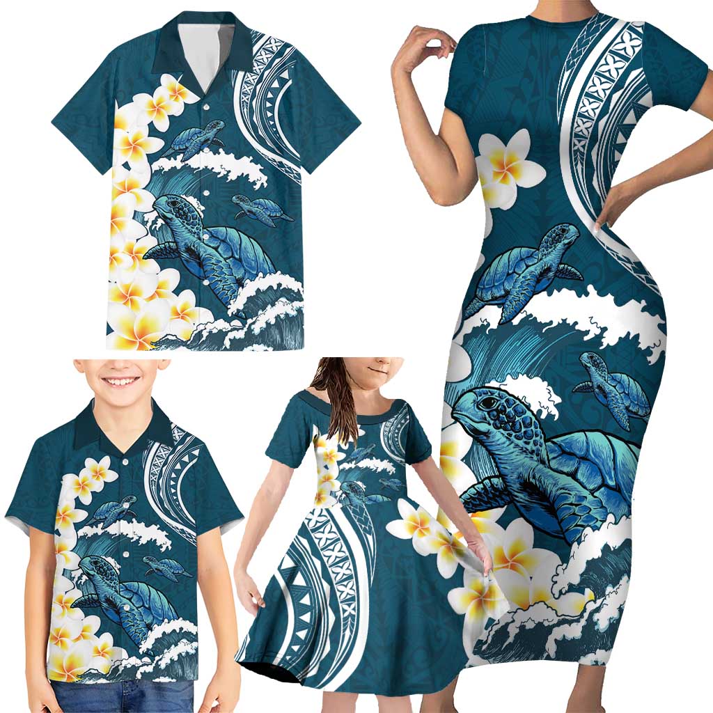 Dark Teal Polynesia Family Matching Short Sleeve Bodycon Dress and Hawaiian Shirt Polynesian Frangipani With Sea Turtles LT14 - Polynesian Pride