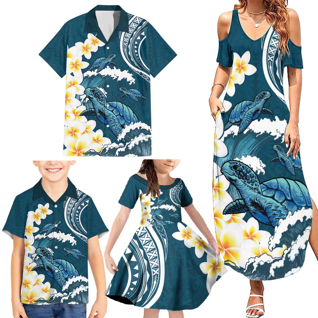 Dark Teal Polynesia Family Matching Summer Maxi Dress and Hawaiian Shirt Polynesian Frangipani With Sea Turtles