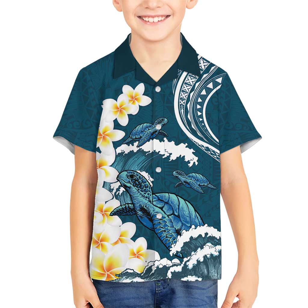 Dark Teal Polynesia Family Matching Tank Maxi Dress and Hawaiian Shirt Polynesian Frangipani With Sea Turtles