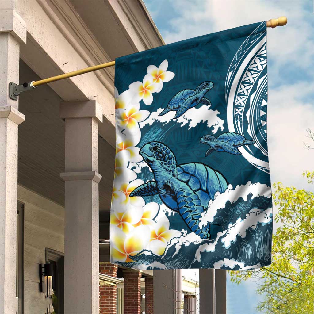 Dark Teal Polynesia Garden Flag Polynesian Frangipani With Sea Turtles