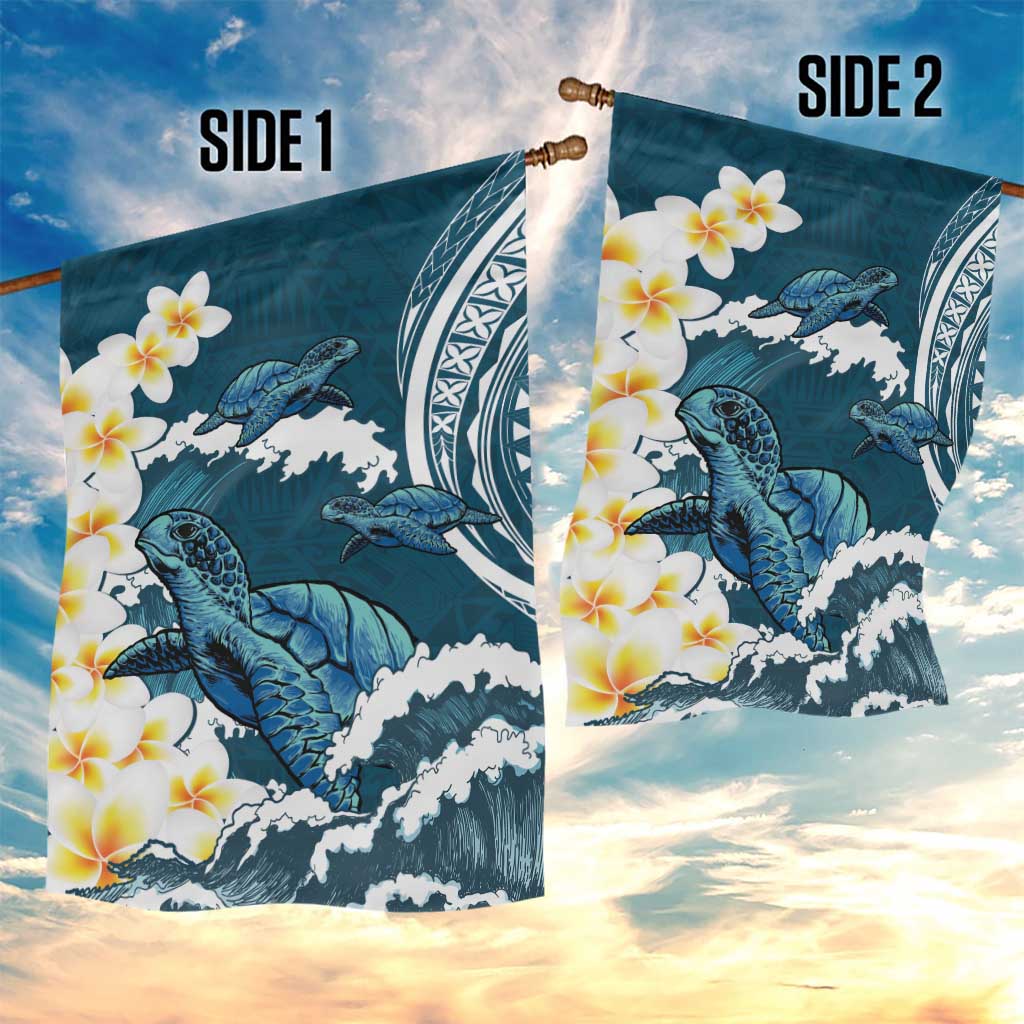Dark Teal Polynesia Garden Flag Polynesian Frangipani With Sea Turtles LT14 - Polynesian Pride