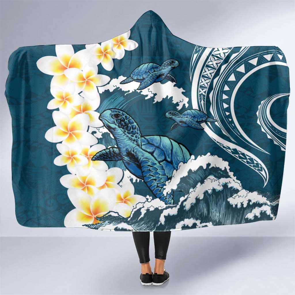 Dark Teal Polynesia Hooded Blanket Polynesian Frangipani With Sea Turtles LT14 One Size Dark Teal - Polynesian Pride