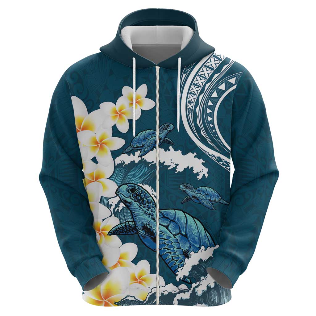 Dark Teal Polynesia Hoodie Polynesian Frangipani With Sea Turtles