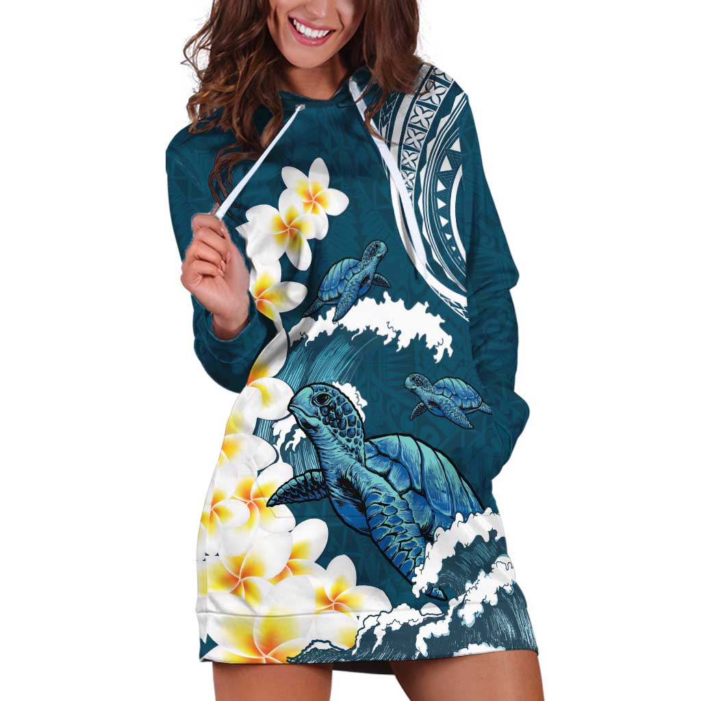 Dark Teal Polynesia Hoodie Dress Polynesian Frangipani With Sea Turtles