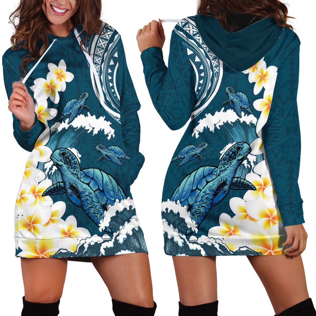 Dark Teal Polynesia Hoodie Dress Polynesian Frangipani With Sea Turtles LT14 - Polynesian Pride
