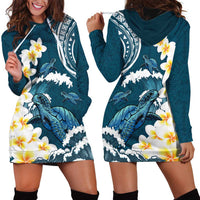 Dark Teal Polynesia Hoodie Dress Polynesian Frangipani With Sea Turtles LT14 - Polynesian Pride