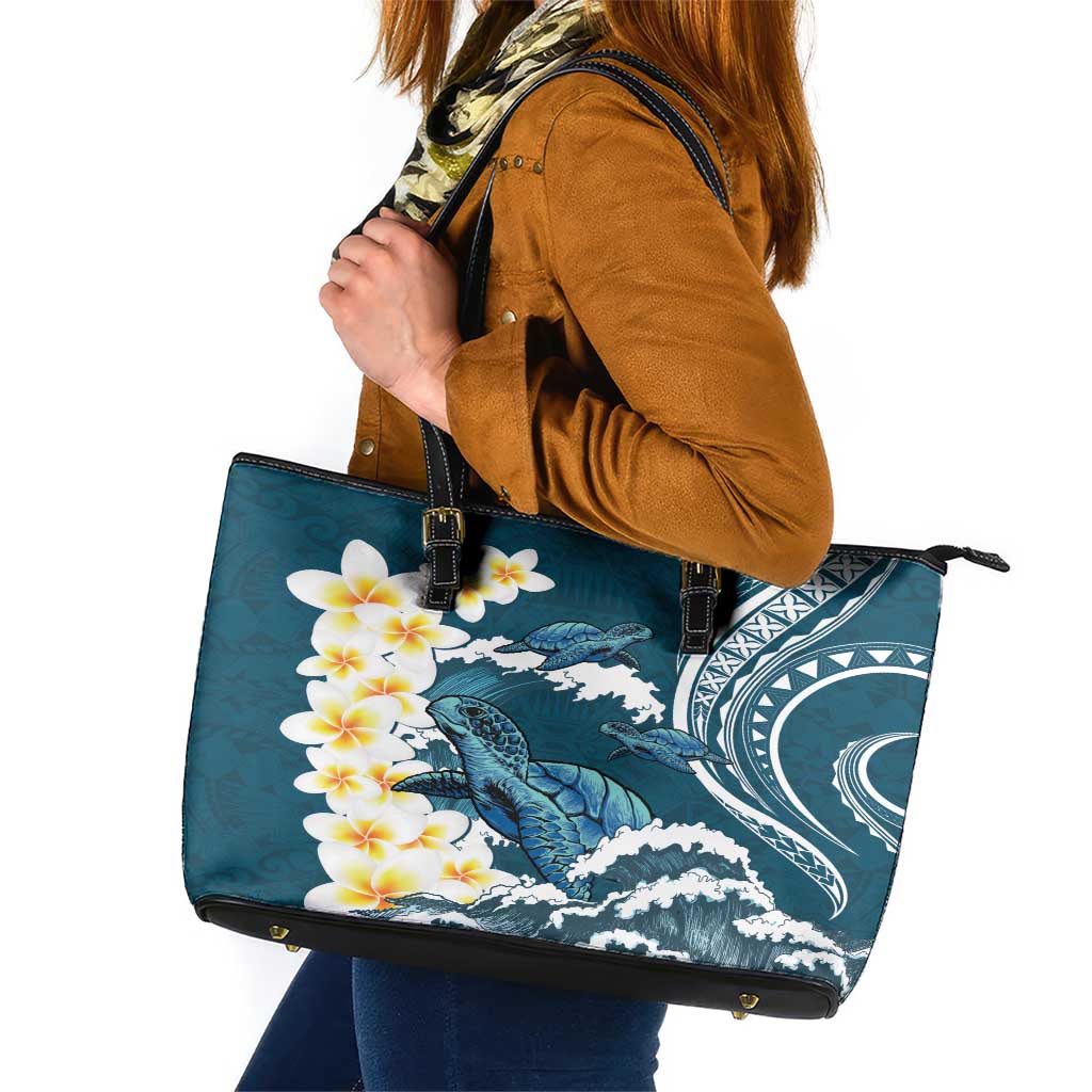 Dark Teal Polynesia Leather Tote Bag Polynesian Frangipani With Sea Turtles LT14 Dark Teal - Polynesian Pride