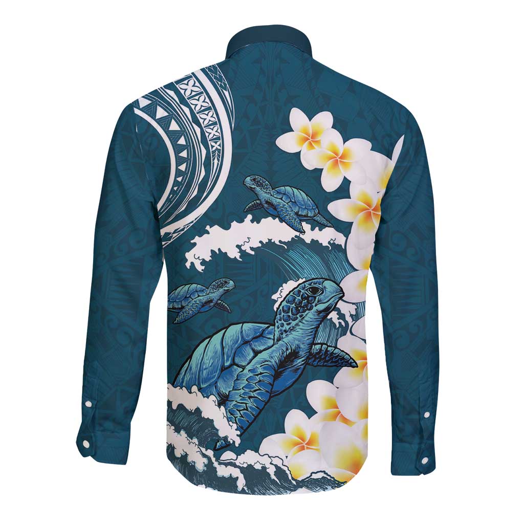 Dark Teal Polynesia Long Sleeve Button Shirt Polynesian Frangipani With Sea Turtles