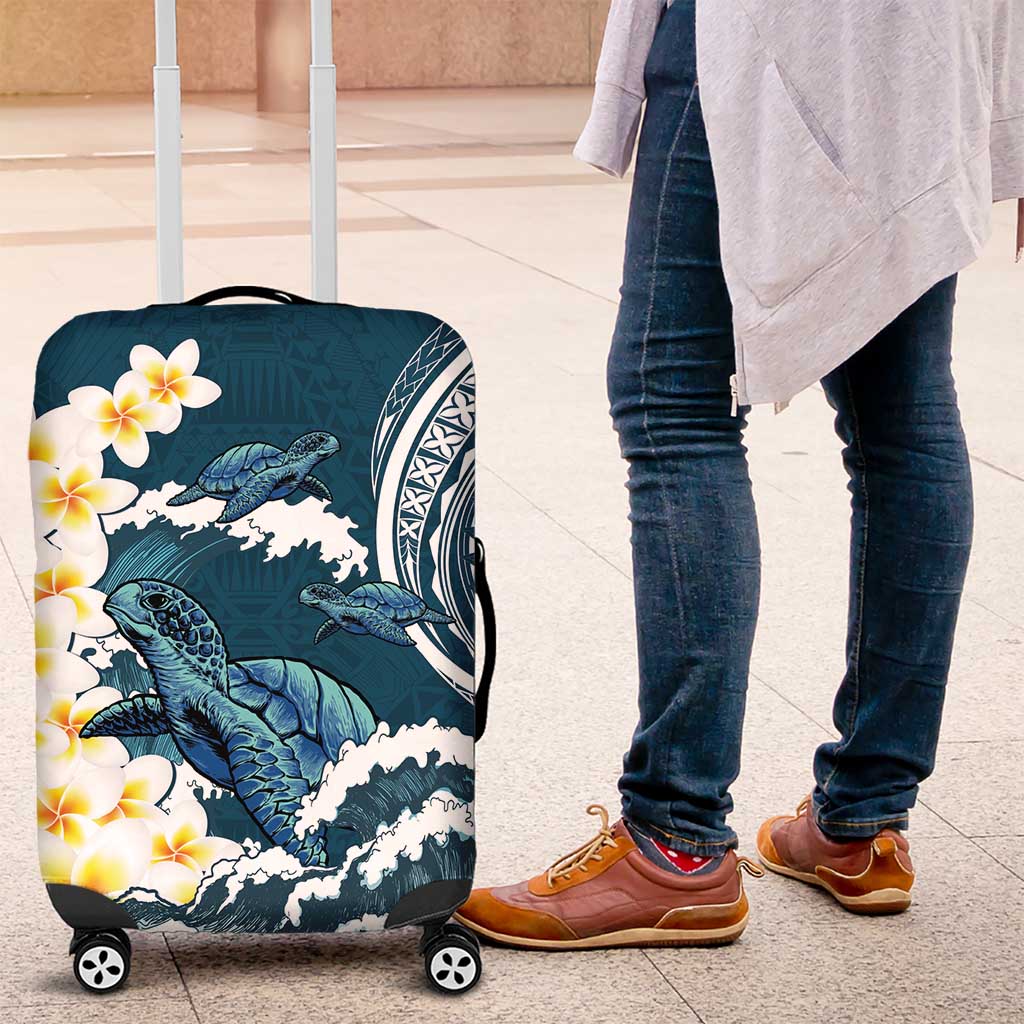 Dark Teal Polynesia Luggage Cover Polynesian Frangipani With Sea Turtles