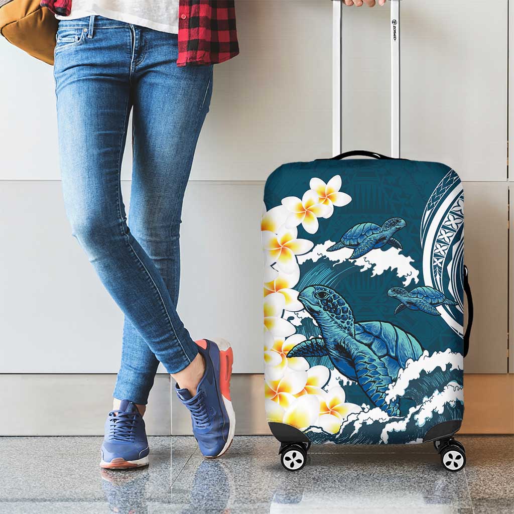 Dark Teal Polynesia Luggage Cover Polynesian Frangipani With Sea Turtles LT14 - Polynesian Pride