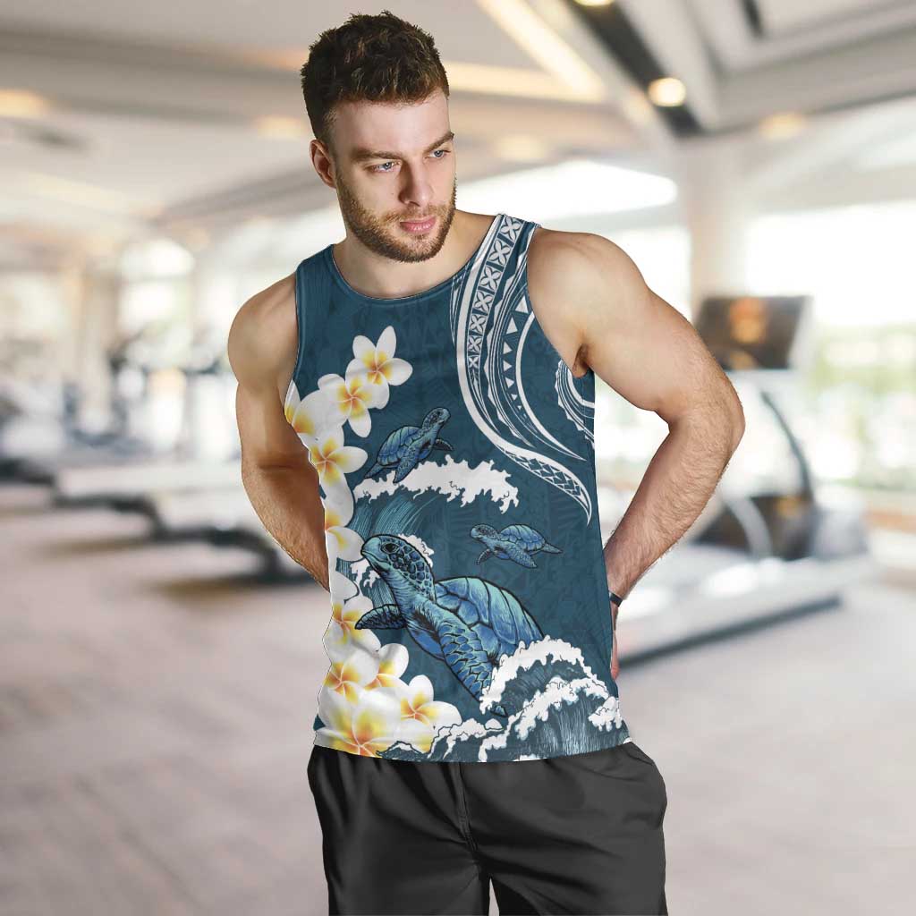 Dark Teal Polynesia Men Tank Top Polynesian Frangipani With Sea Turtles