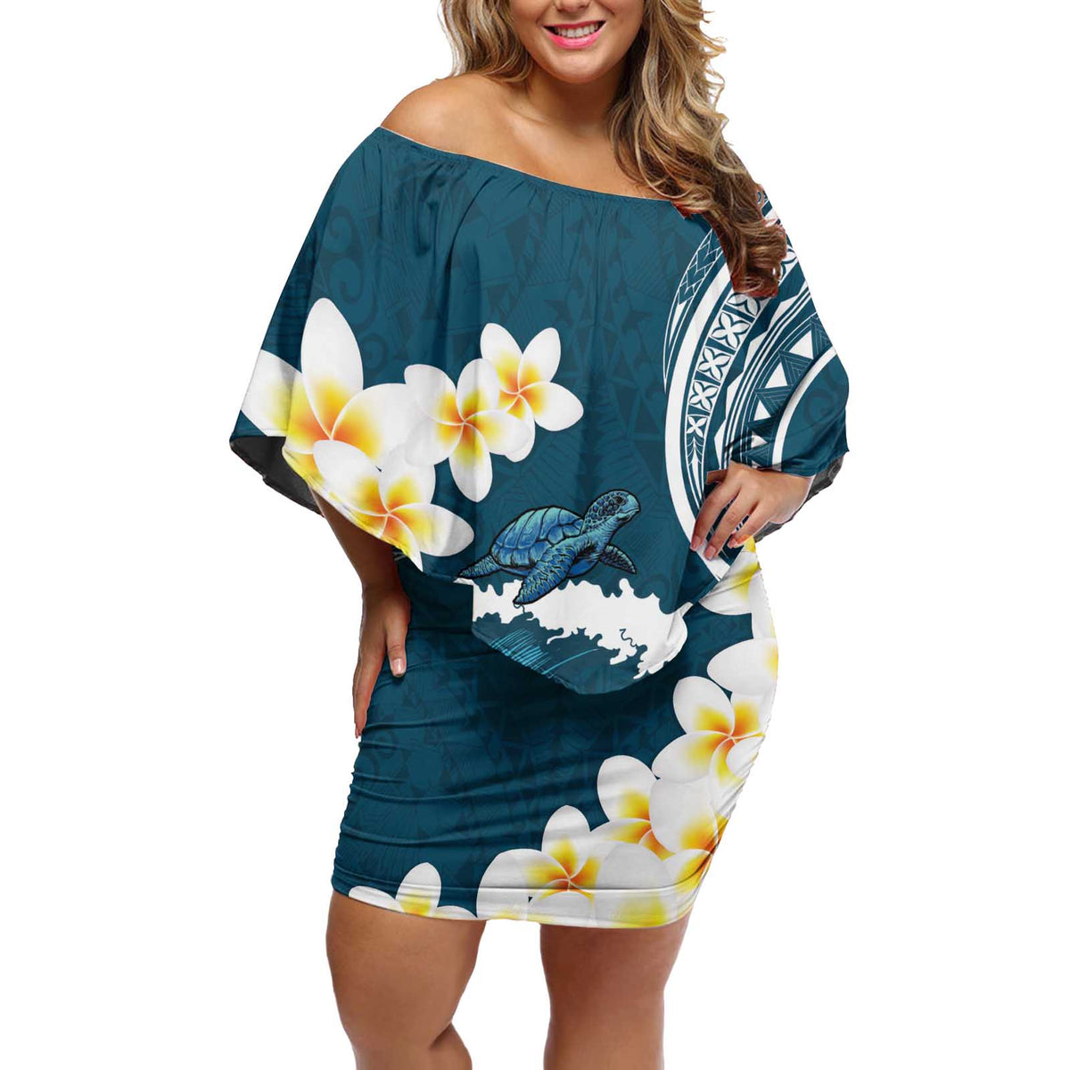 Dark Teal Polynesia Off Shoulder Short Dress Polynesian Frangipani With Sea Turtles LT14 Women Dark Teal - Polynesian Pride