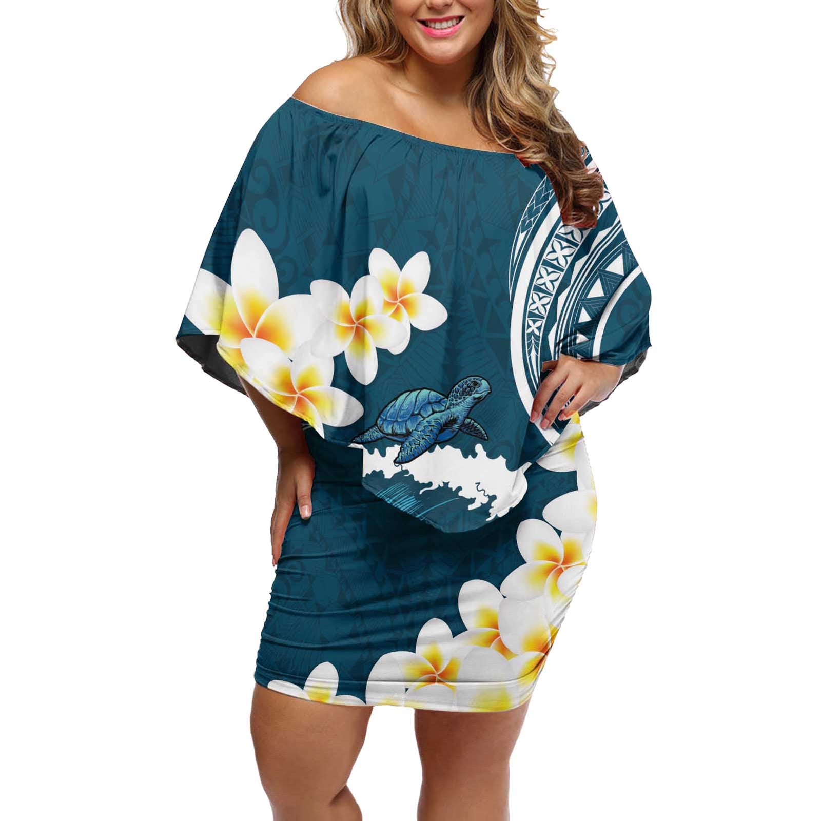 Dark Teal Polynesia Off Shoulder Short Dress Polynesian Frangipani With Sea Turtles LT14 Women Dark Teal - Polynesian Pride