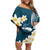 Dark Teal Polynesia Off Shoulder Short Dress Polynesian Frangipani With Sea Turtles