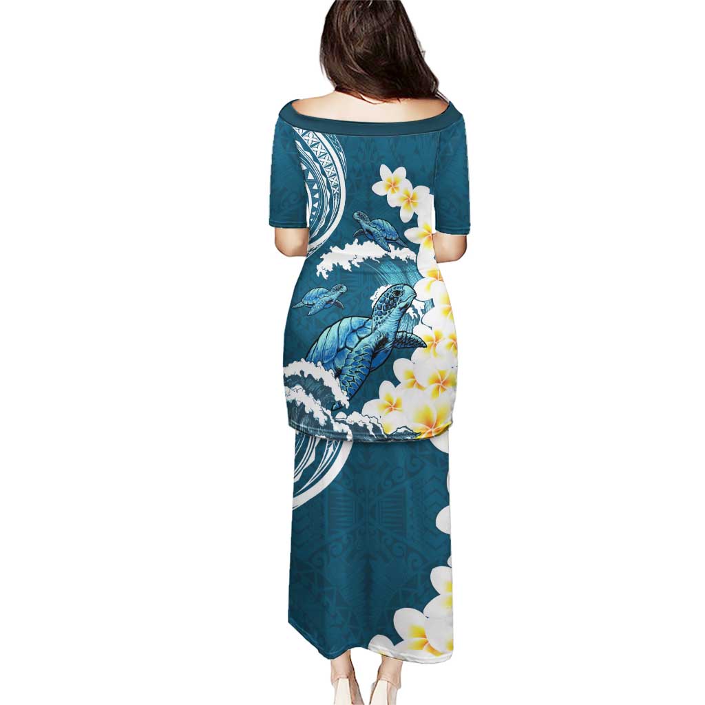 Dark Teal Polynesia Puletasi Polynesian Frangipani With Sea Turtles LT14 - Polynesian Pride