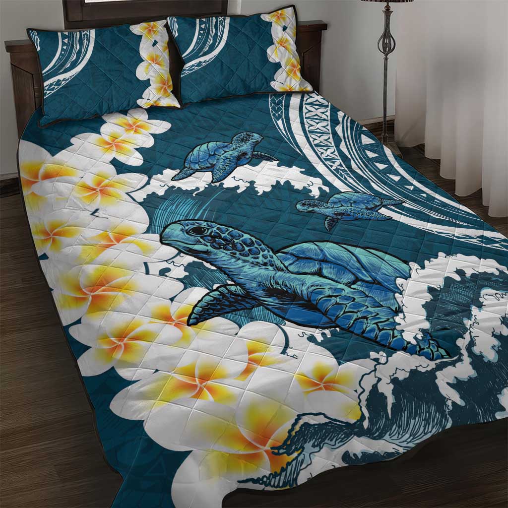 Dark Teal Polynesia Quilt Bed Set Polynesian Frangipani With Sea Turtles LT14 Dark Teal - Polynesian Pride