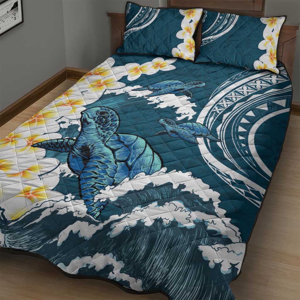 Dark Teal Polynesia Quilt Bed Set Polynesian Frangipani With Sea Turtles LT14 - Polynesian Pride