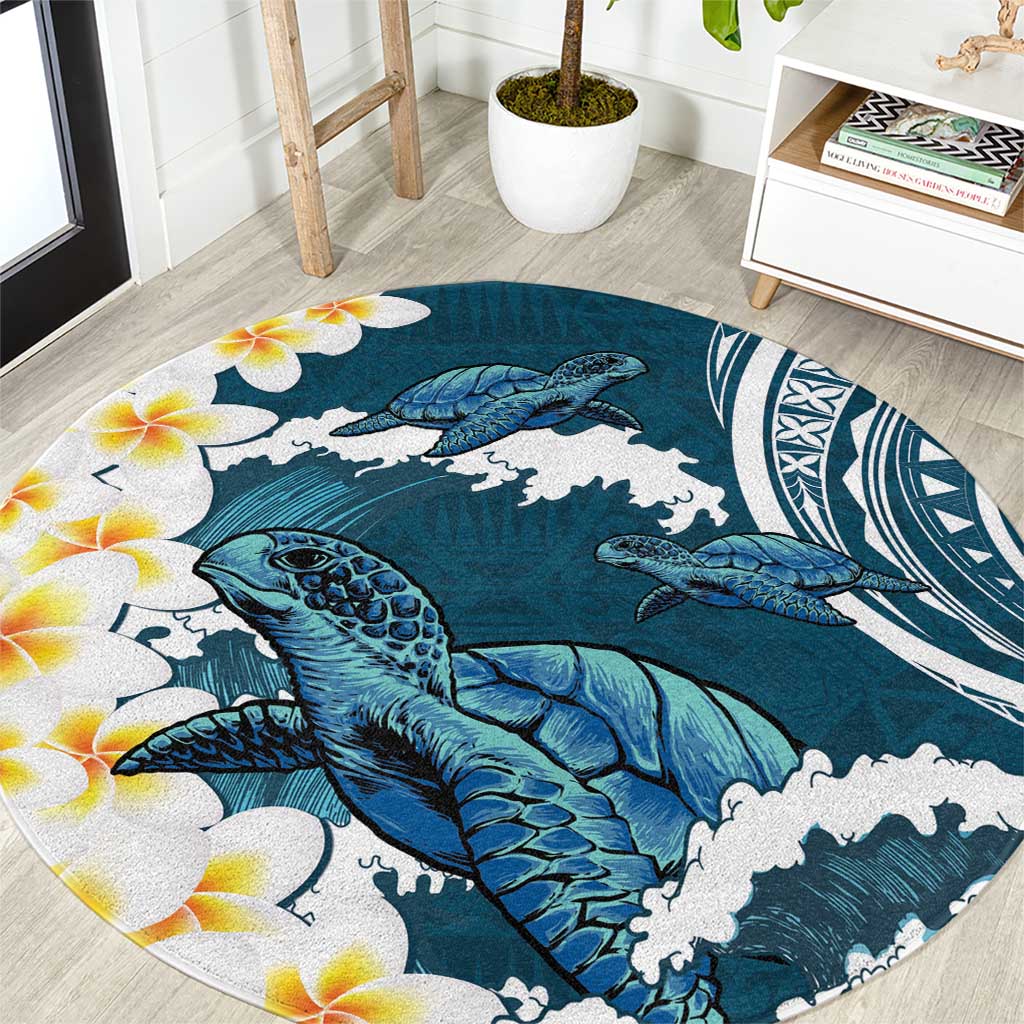 Dark Teal Polynesia Round Carpet Polynesian Frangipani With Sea Turtles