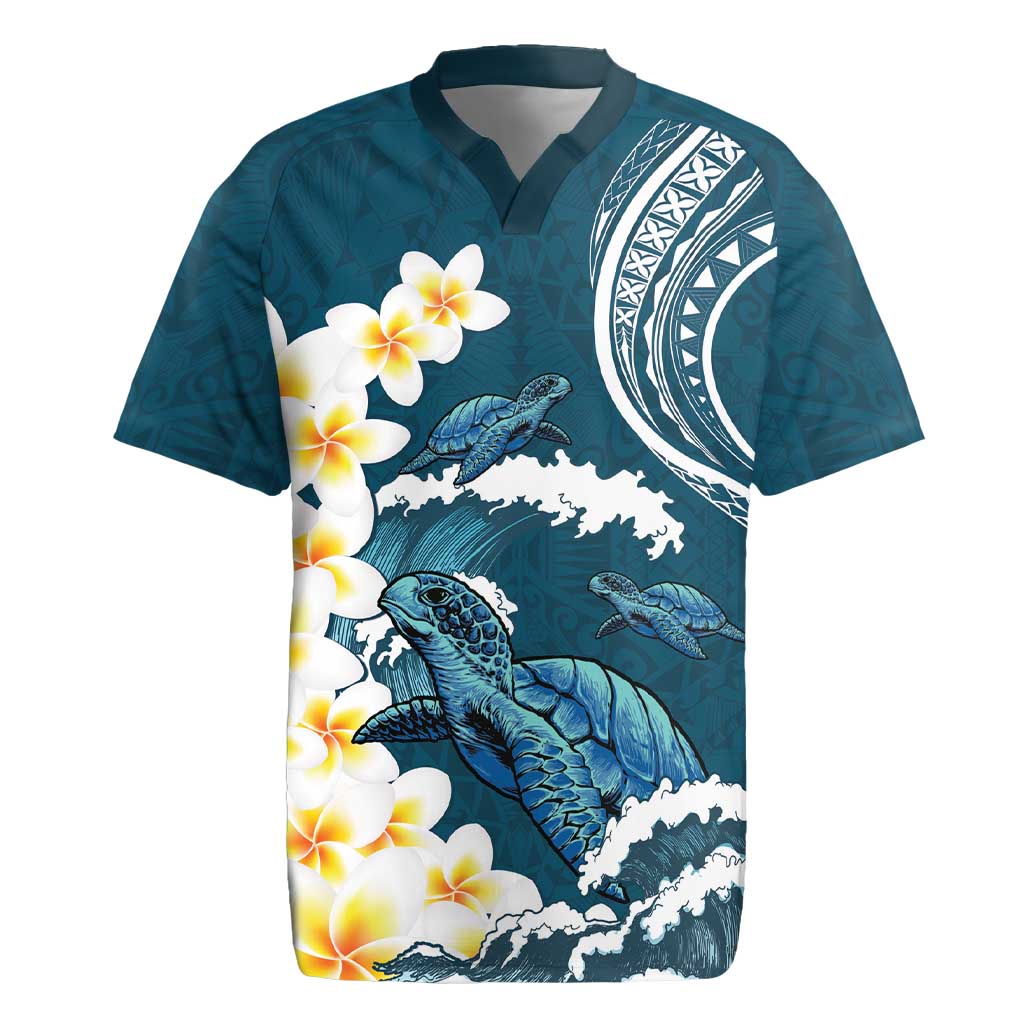 Dark Teal Polynesia Rugby Jersey Polynesian Frangipani With Sea Turtles LT14 Dark Teal - Polynesian Pride