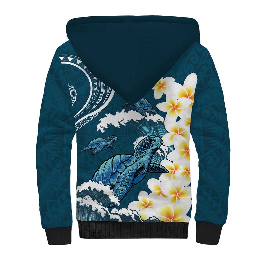 Dark Teal Polynesia Sherpa Hoodie Polynesian Frangipani With Sea Turtles LT14 - Polynesian Pride