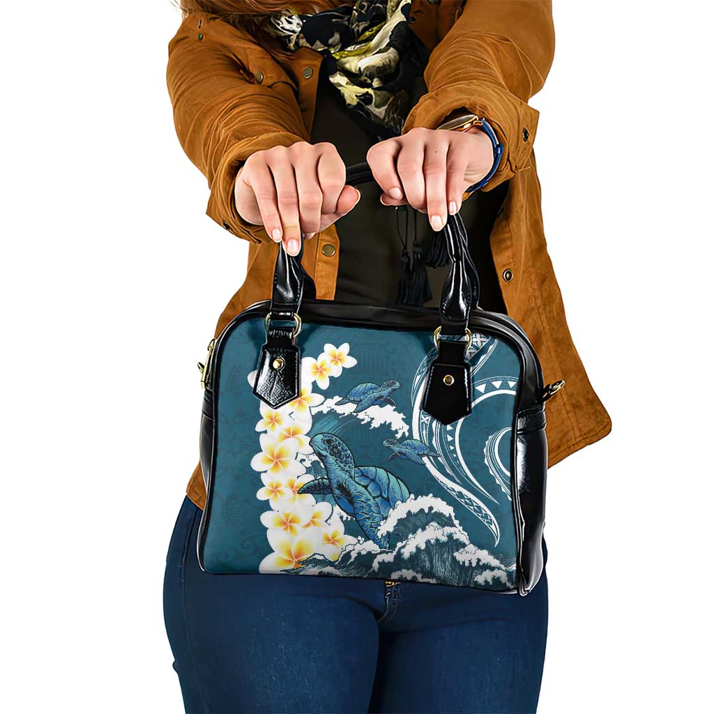 Dark Teal Polynesia Shoulder Handbag Polynesian Frangipani With Sea Turtles