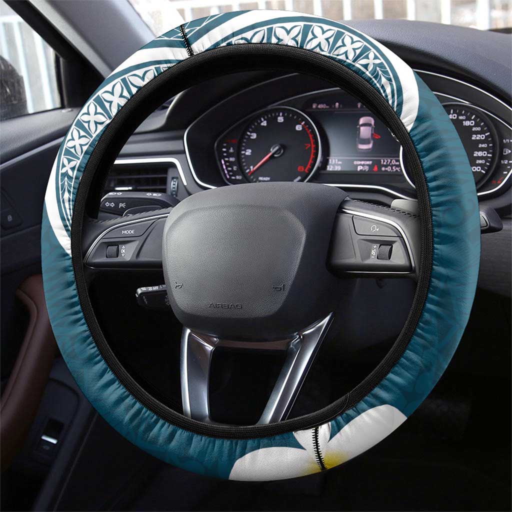 Dark Teal Polynesia Steering Wheel Cover Polynesian Frangipani With Sea Turtles LT14 - Polynesian Pride