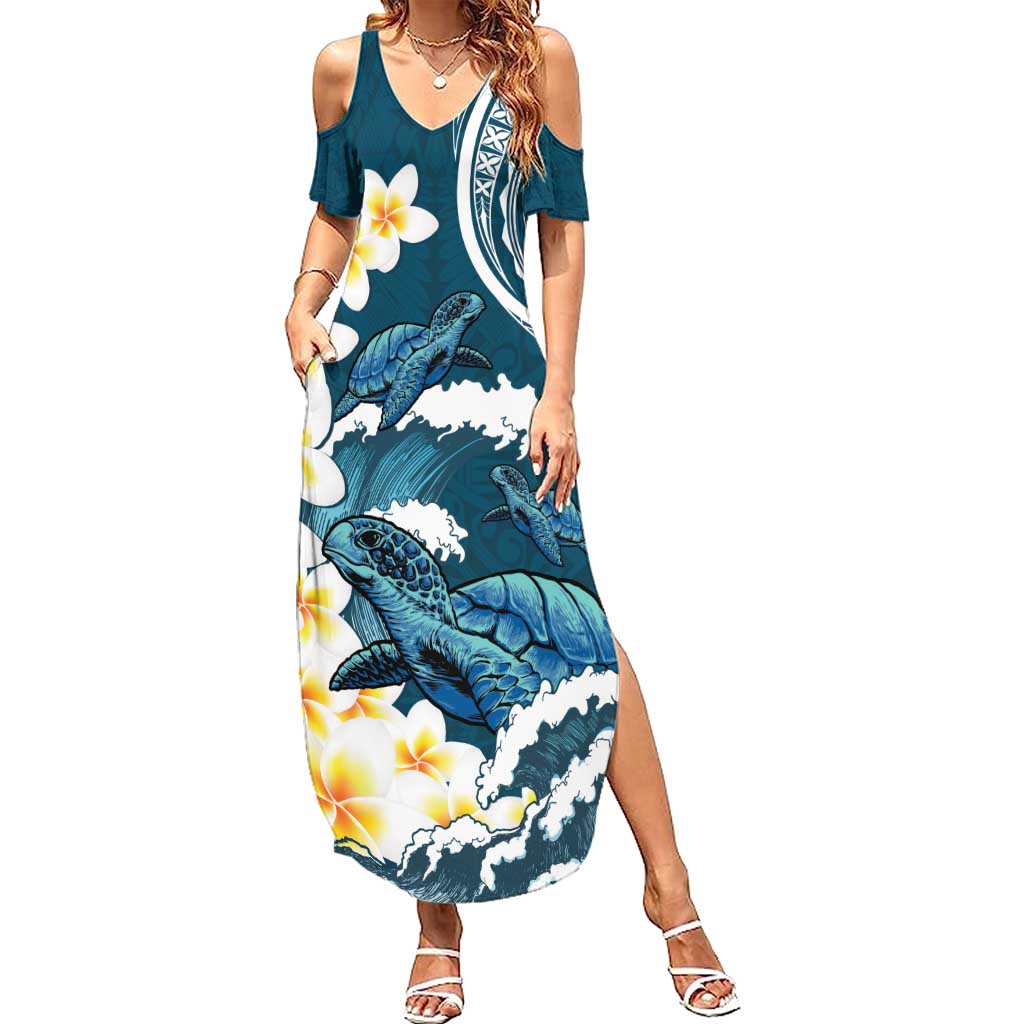 Dark Teal Polynesia Summer Maxi Dress Polynesian Frangipani With Sea Turtles