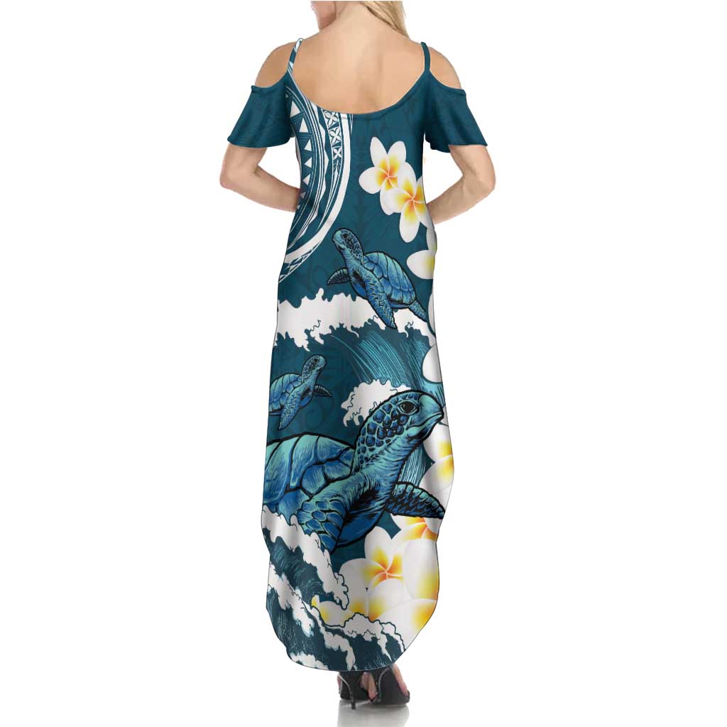 Dark Teal Polynesia Summer Maxi Dress Polynesian Frangipani With Sea Turtles LT14 - Polynesian Pride
