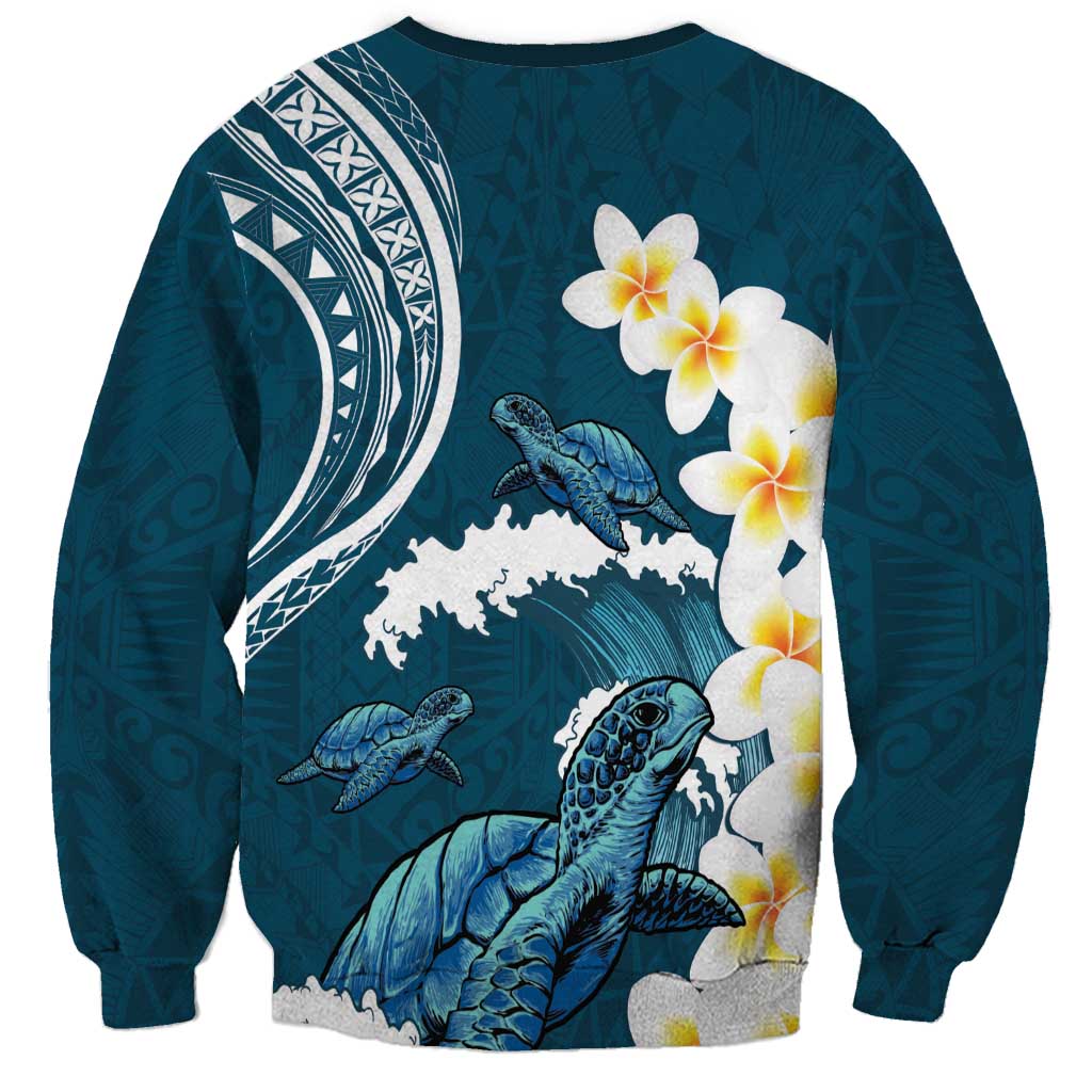 Dark Teal Polynesia Sweatshirt Polynesian Frangipani With Sea Turtles LT14 - Polynesian Pride