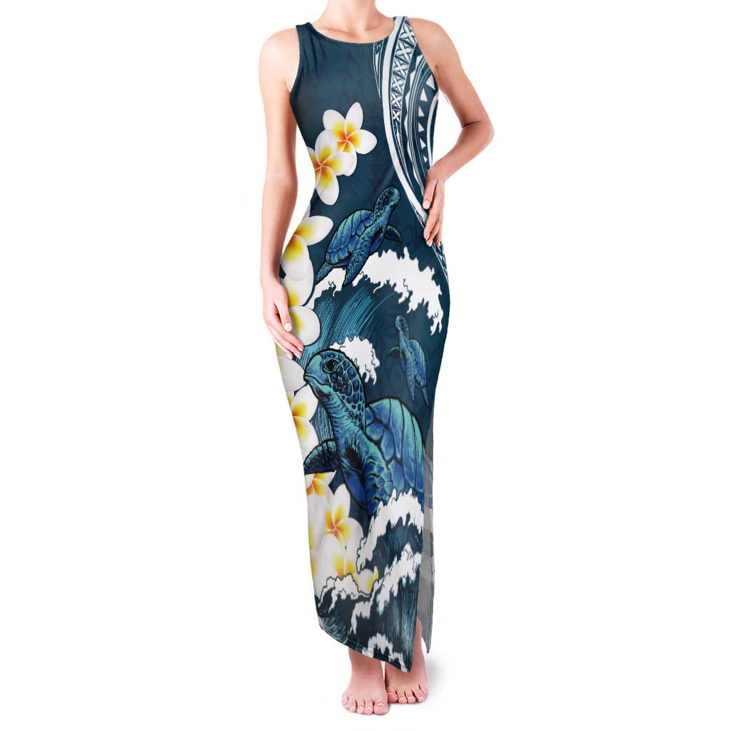 Dark Teal Polynesia Tank Maxi Dress Polynesian Frangipani With Sea Turtles LT14 Women Dark Teal - Polynesian Pride