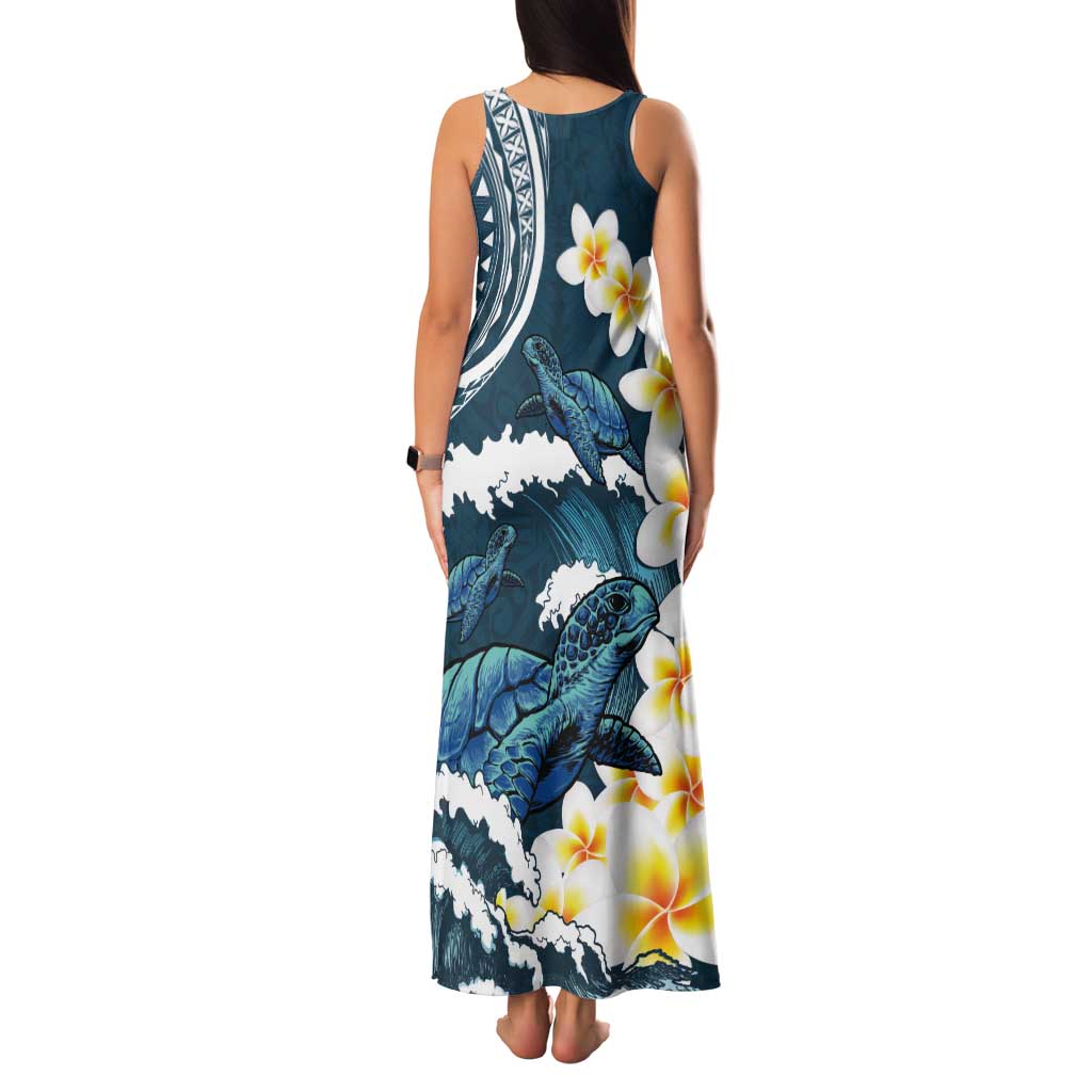 Dark Teal Polynesia Tank Maxi Dress Polynesian Frangipani With Sea Turtles LT14 - Polynesian Pride