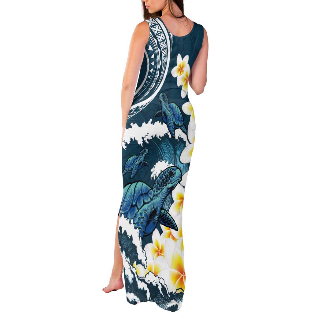 Dark Teal Polynesia Tank Maxi Dress Polynesian Frangipani With Sea Turtles LT14 - Polynesian Pride