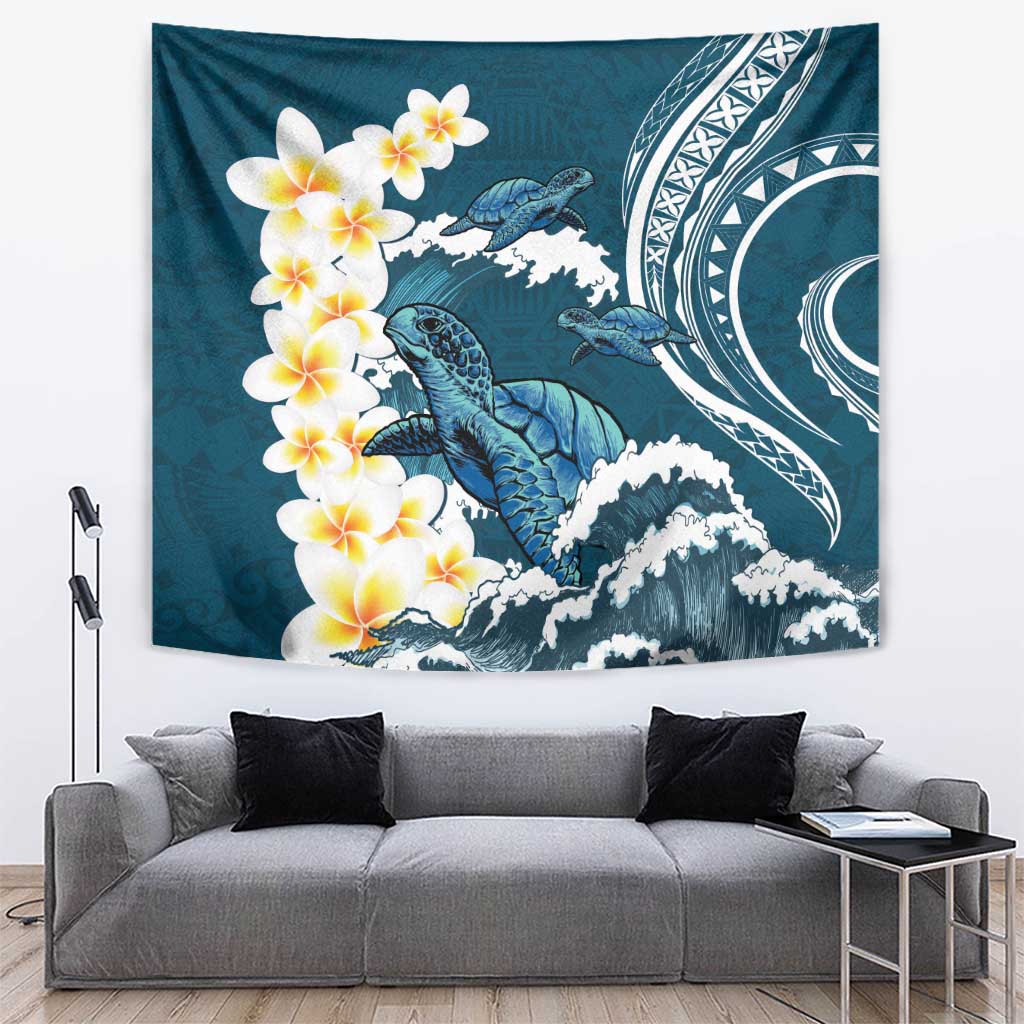 Dark Teal Polynesia Tapestry Polynesian Frangipani With Sea Turtles